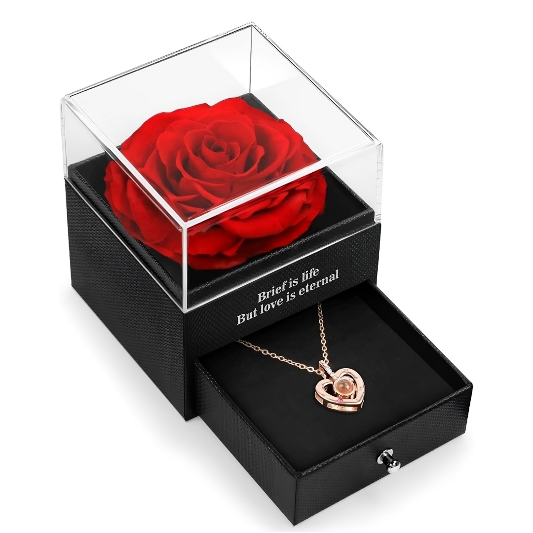 Preserved Real Rose with I Love You Necklace in 100 Language, Valentines Day Gift for Her, Girlfriend, Eternal Real Rose Flower Gifts for Women Mom Wife on Mothers Day Birthday Anniversaries